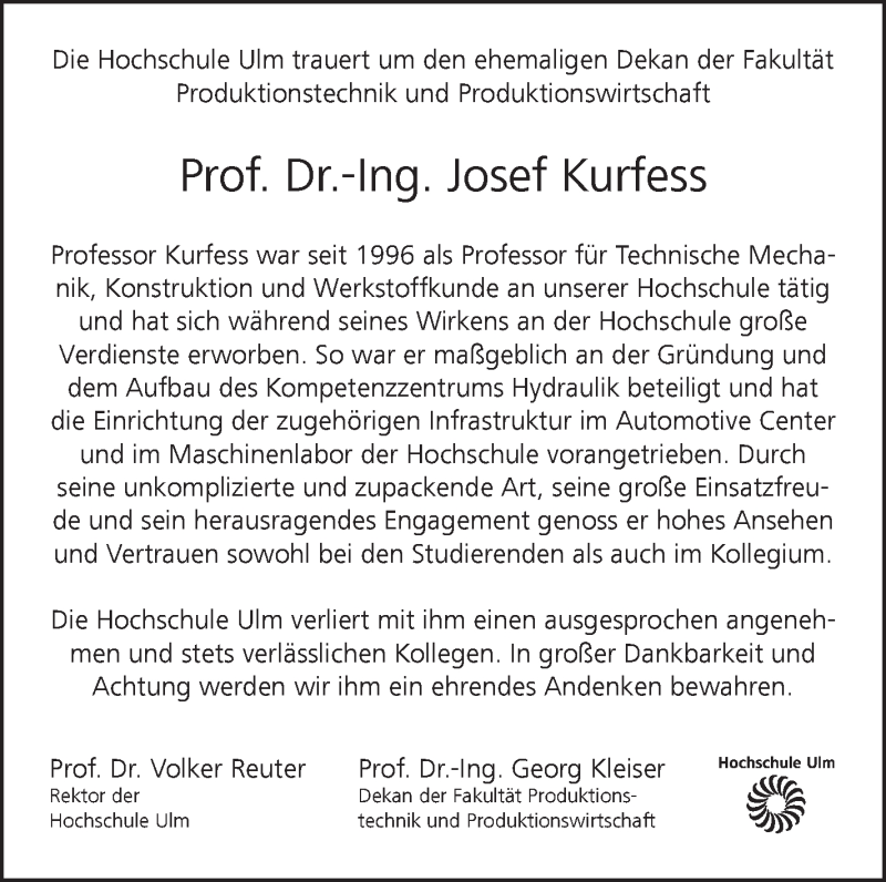  Traueranzeige für Josef Kurfess vom 28.11.2018 aus SÜDWEST PRESSE Ausgabe Ulm/Neu-Ulm