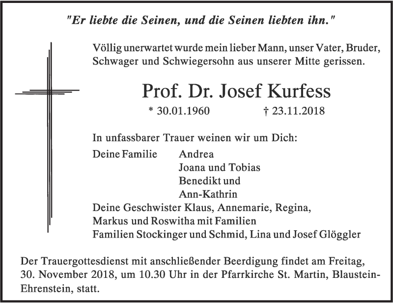  Traueranzeige für Josef Kurfess vom 28.11.2018 aus SÜDWEST PRESSE Ausgabe Ulm/Neu-Ulm