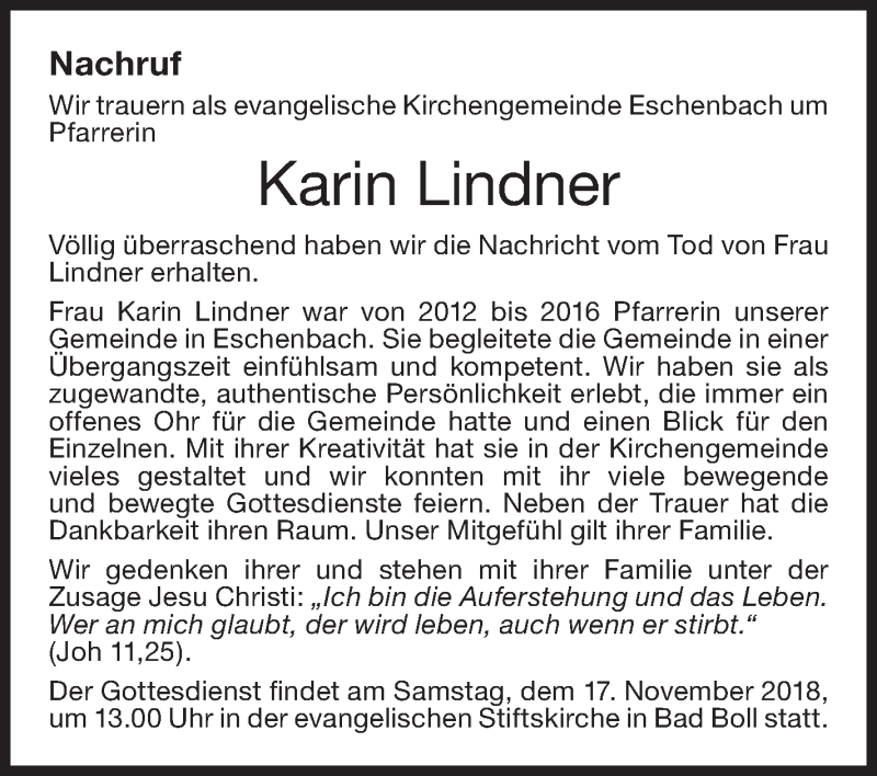  Traueranzeige für Karin Lindner vom 16.11.2018 aus NWZ Neue Württembergische Zeitung
