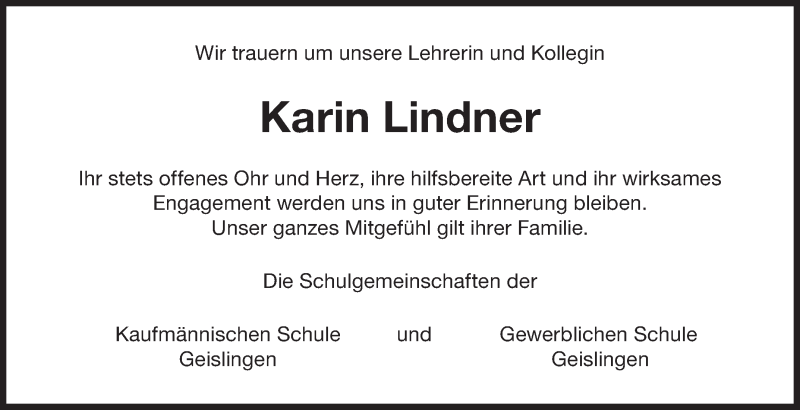  Traueranzeige für Karin Lindner vom 16.11.2018 aus NWZ Neue Württembergische Zeitung/Geislinger Zeitung