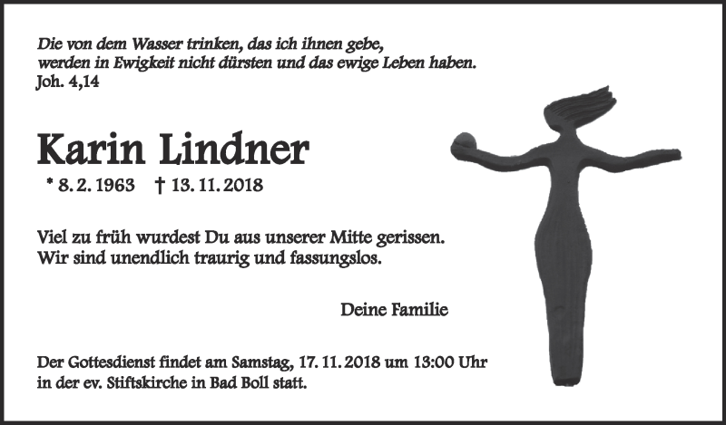  Traueranzeige für Karin Lindner vom 14.11.2018 aus NWZ Neue Württembergische Zeitung/Geislinger Zeitung