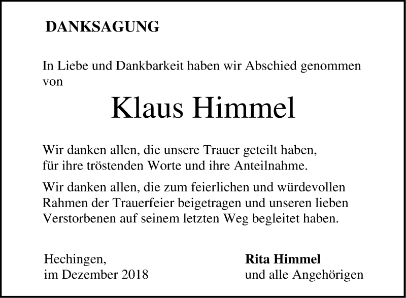 Traueranzeige für Klaus Himmel vom 01.12.2018 aus Hohenzollerische Zeitung