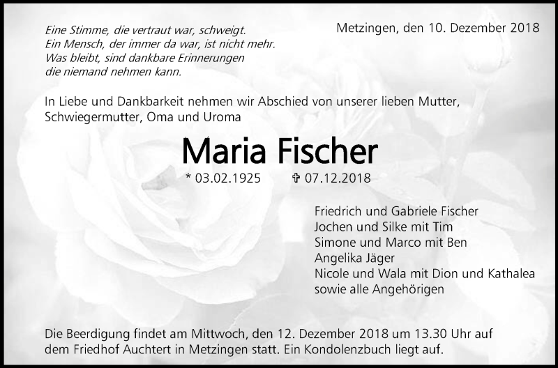  Traueranzeige für Maria Fischer vom 10.12.2018 aus Metzinger-Uracher Volksblatt