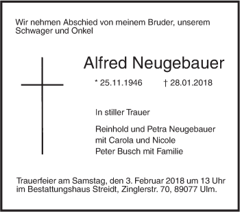 Traueranzeige von Alfred Neugebauer von NWZ Neue Württembergische Zeitung