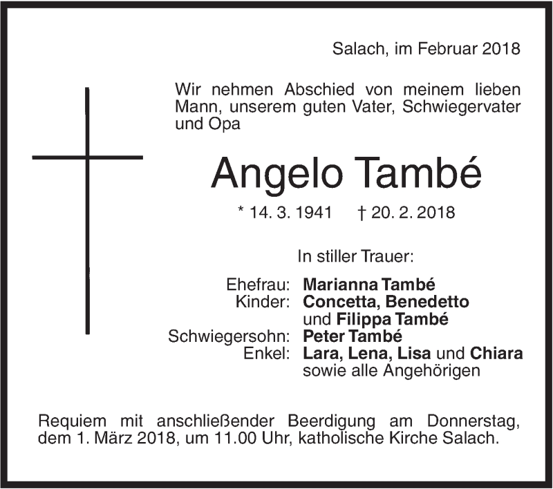  Traueranzeige für Angelo També vom 24.02.2018 aus NWZ Neue Württembergische Zeitung
