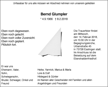 Traueranzeige von Bernd Glumpler von NWZ Neue Württembergische Zeitung