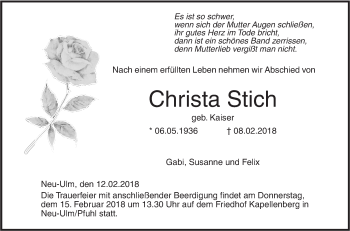 Traueranzeige von Christa Stich von SÜDWEST PRESSE Ausgabe Ulm/Neu-Ulm