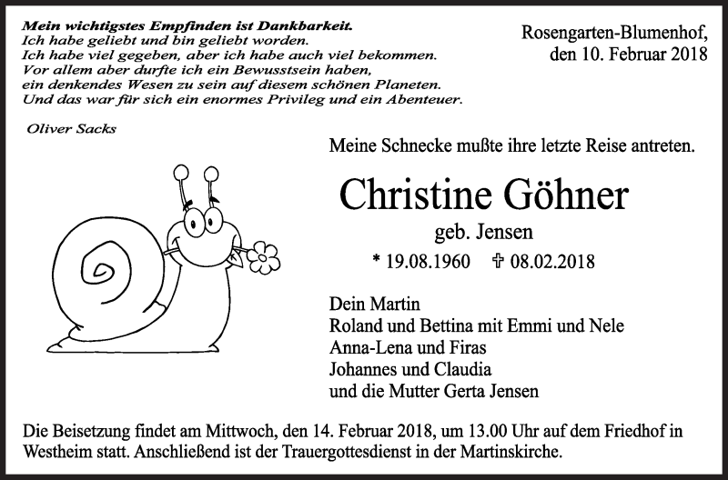  Traueranzeige für Christine Göhner vom 10.02.2018 aus Haller Tagblatt