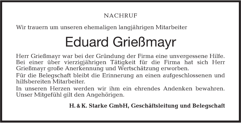  Traueranzeige für Eduard Grießmayr vom 06.02.2018 aus Haller Tagblatt