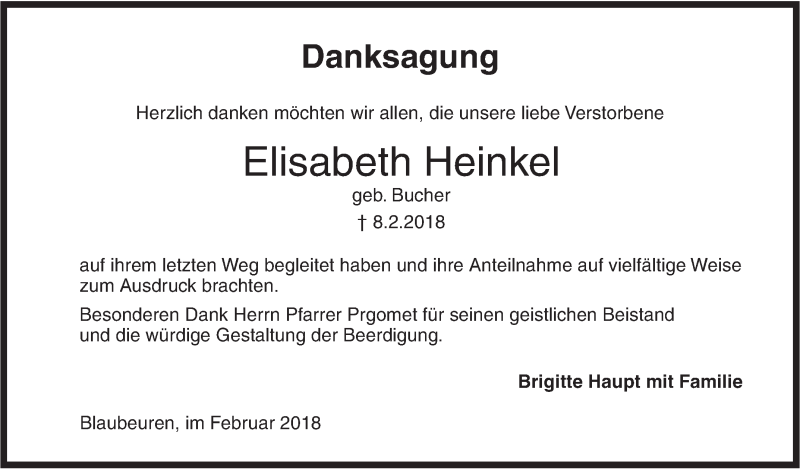  Traueranzeige für Elisabeth Heinkel vom 23.02.2018 aus SÜDWEST PRESSE