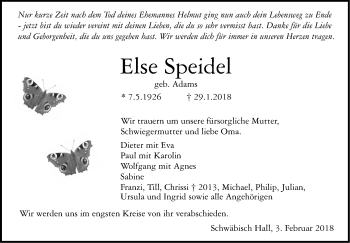 Traueranzeige von Else Speidel von Haller Tagblatt