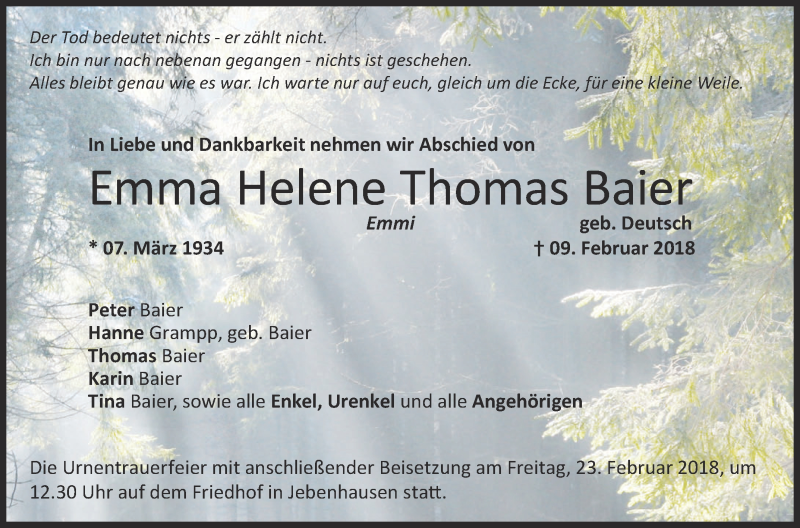  Traueranzeige für Emma Emmi Baier vom 17.02.2018 aus NWZ Neue Württembergische Zeitung