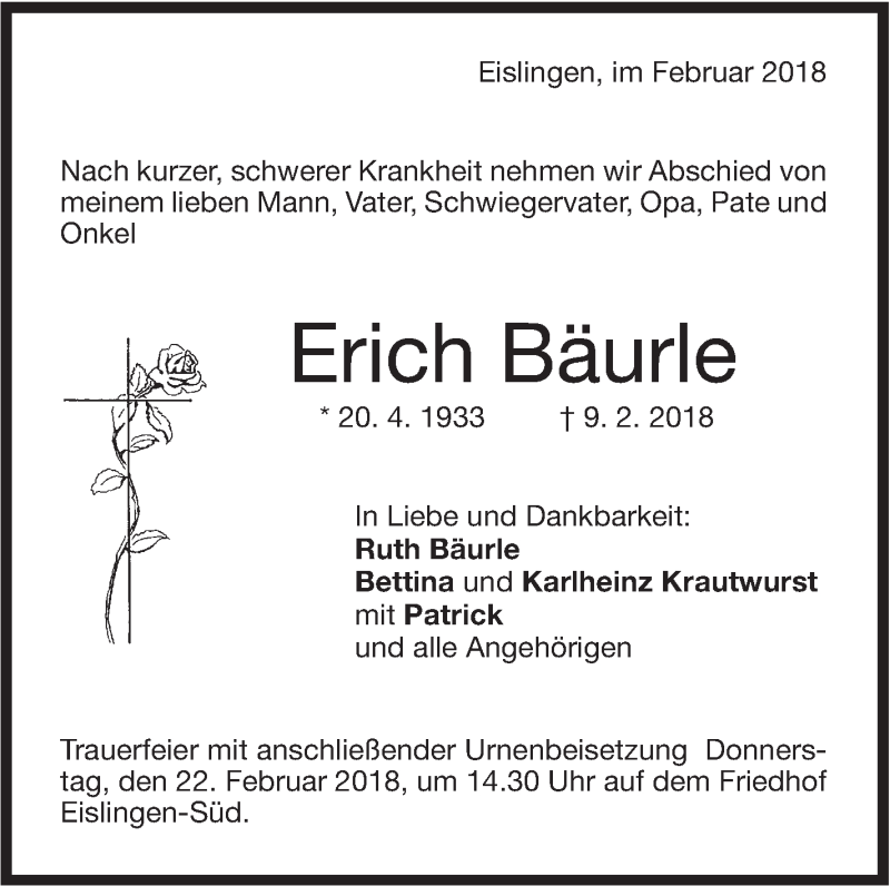 Traueranzeige für Erich Bäurle vom 17.02.2018 aus NWZ Neue Württembergische Zeitung