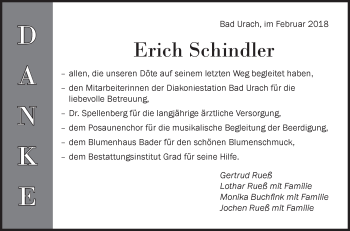 Traueranzeige von Erich Schindler von Metzinger-Uracher Volksblatt