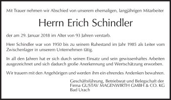 Traueranzeige von Erich Schindler von Metzinger-Uracher Volksblatt