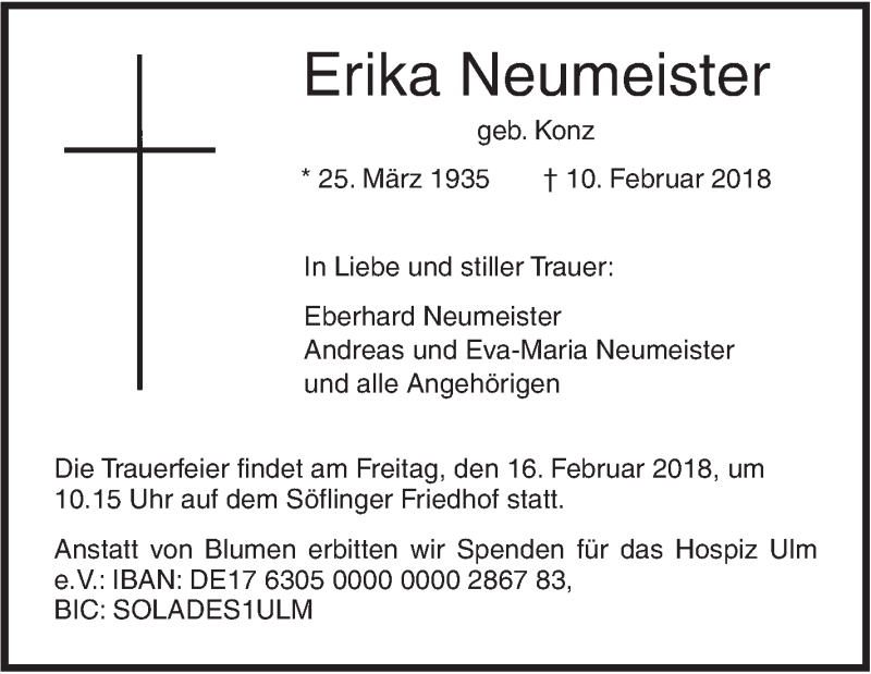  Traueranzeige für Erika Neumeister vom 14.02.2018 aus SÜDWEST PRESSE Ausgabe Ulm/Neu-Ulm