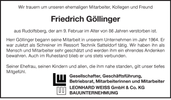 Traueranzeige von Friedrich Göllinger von Hohenloher Tagblatt