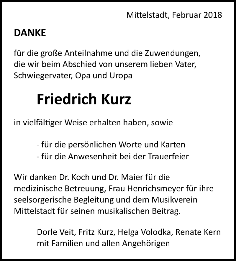  Traueranzeige für Friedrich Kurz vom 10.02.2018 aus Metzinger-Uracher Volksblatt