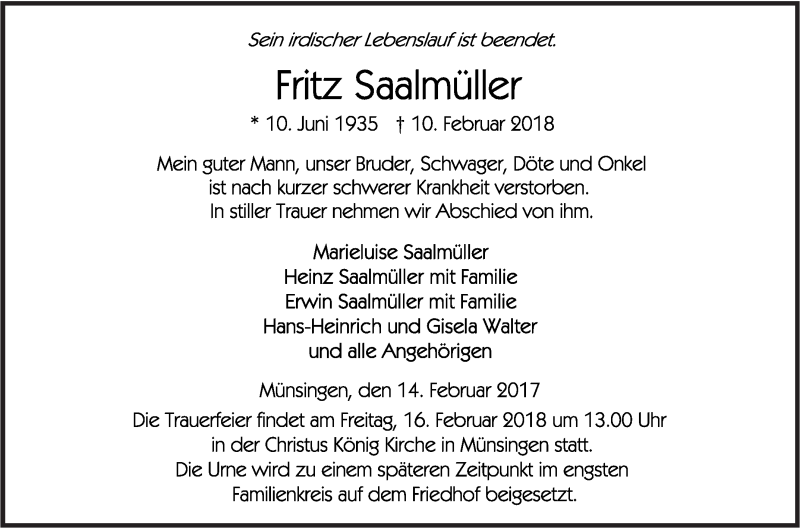  Traueranzeige für Fritz Saalmüller vom 14.02.2018 aus Alb-Bote/Metzinger-Uracher Volksblatt