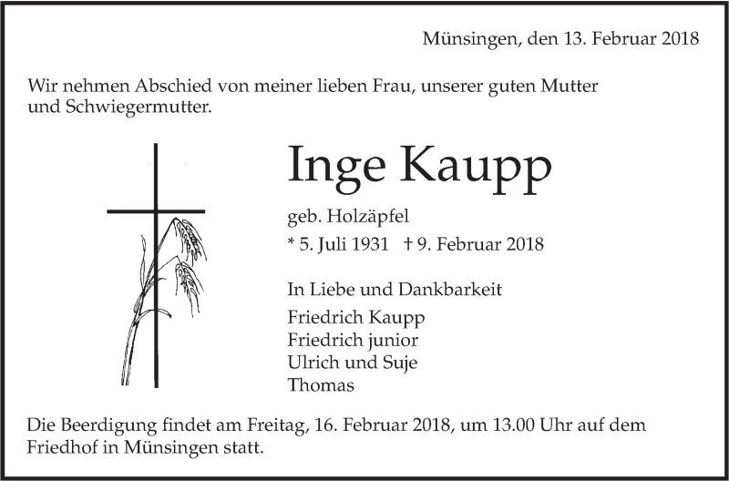  Traueranzeige für Inge Kaupp vom 13.02.2018 aus Alb-Bote/Metzinger-Uracher Volksblatt