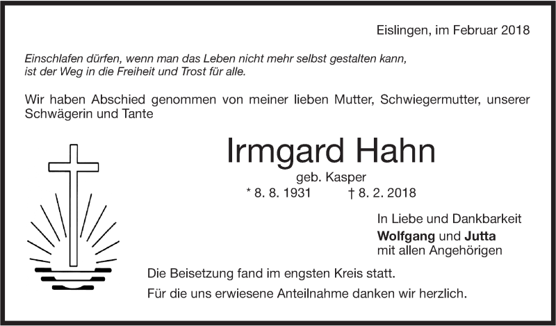  Traueranzeige für Irmgard Hahn vom 24.02.2018 aus NWZ Neue Württembergische Zeitung