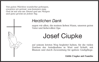 Traueranzeige von Josef Ciupke von Haller Tagblatt