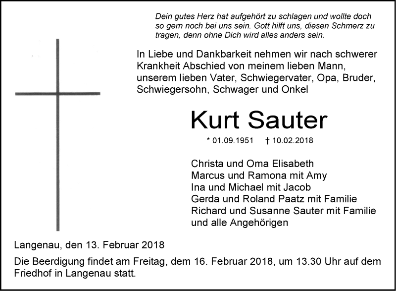  Traueranzeige für Kurt Sauter vom 13.02.2018 aus SÜDWEST PRESSE Ausgabe Ulm/Neu-Ulm