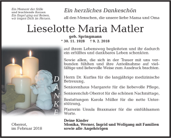 Traueranzeige von Lieselotte Maria Matler von Rundschau Gaildorf