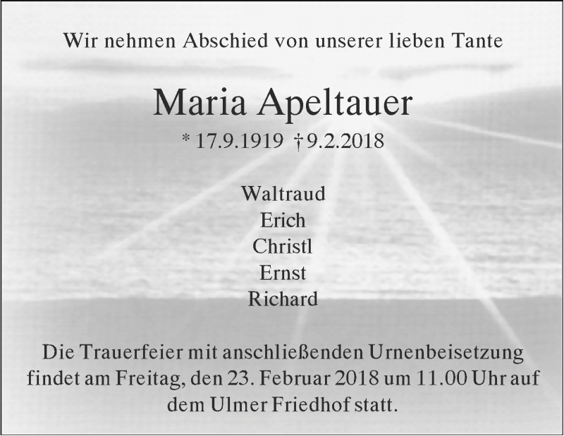  Traueranzeige für Maria Apeltauer vom 17.02.2018 aus SÜDWEST PRESSE Ausgabe Ulm/Neu-Ulm