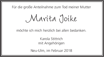 Traueranzeige von Marita Joike von SÜDWEST PRESSE Ausgabe Ulm/Neu-Ulm