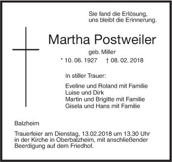 Traueranzeige von Martha Postweiler von Illertal Bote