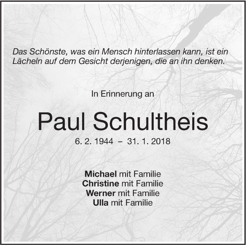  Traueranzeige für Paul Schultheis vom 14.02.2018 aus Geislinger Zeitung