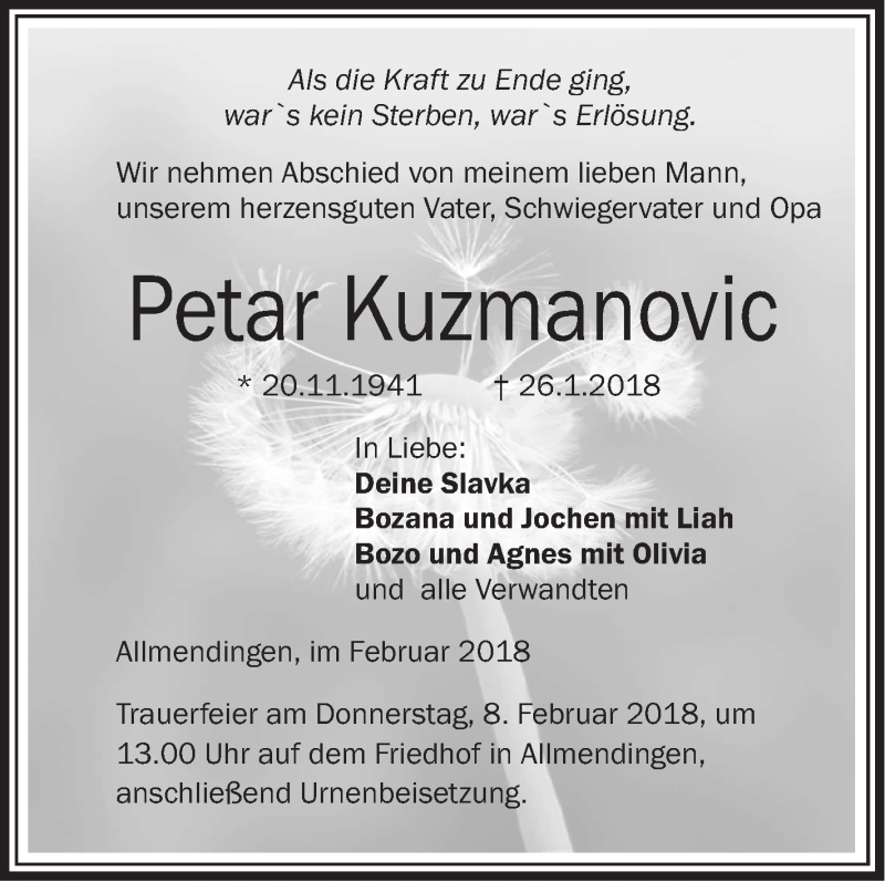  Traueranzeige für Petar Kuzmanovic vom 05.02.2018 aus Ehinger Tagblatt