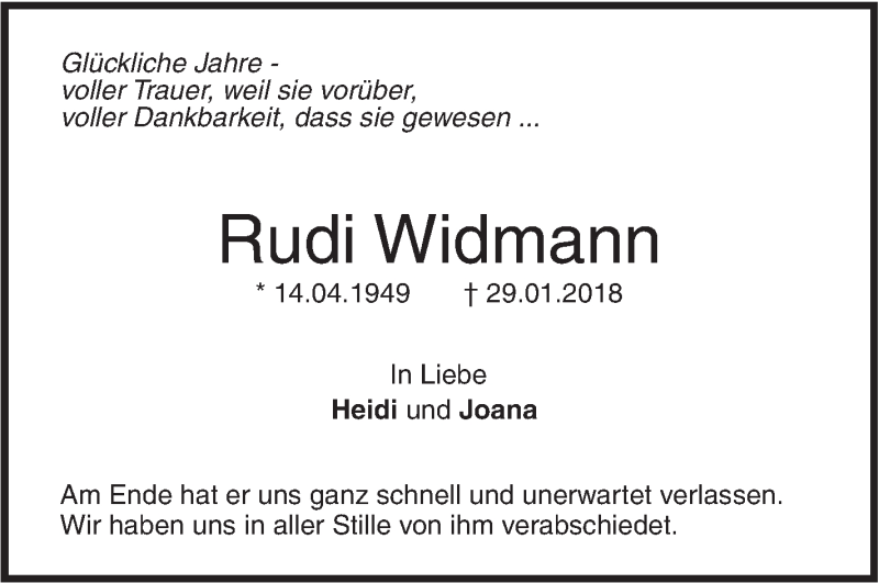  Traueranzeige für Rudi Widmann vom 12.02.2018 aus SÜDWEST PRESSE Ausgabe Ulm/Neu-Ulm
