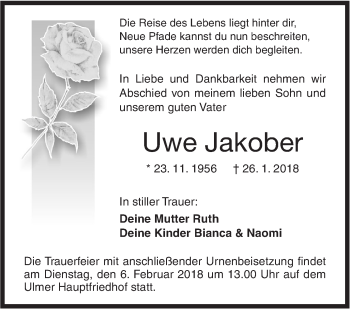 Traueranzeige von Uwe Jakober von SÜDWEST PRESSE Ausgabe Ulm/Neu-Ulm