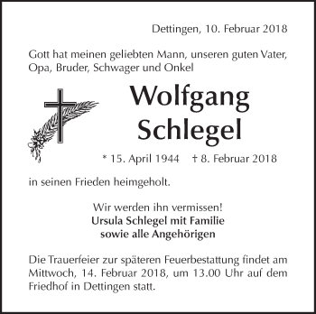 Traueranzeige von Wolfgang Schlegel von Metzinger-Uracher Volksblatt