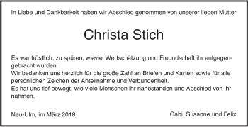 Traueranzeige von Christa Stich von SÜDWEST PRESSE Ausgabe Ulm/Neu-Ulm