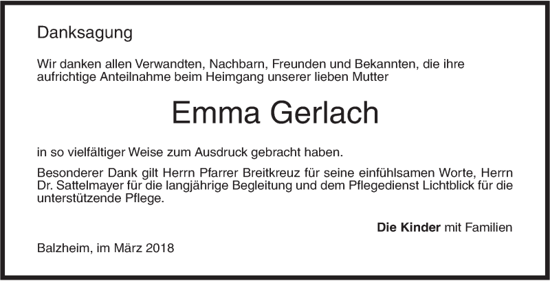  Traueranzeige für Emma Gerlach vom 03.03.2018 aus Illertal Bote