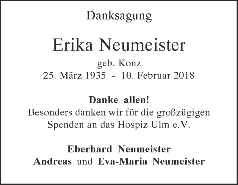  Traueranzeige für Erika Neumeister vom 24.03.2018 aus SÜDWEST PRESSE Ausgabe Ulm/Neu-Ulm