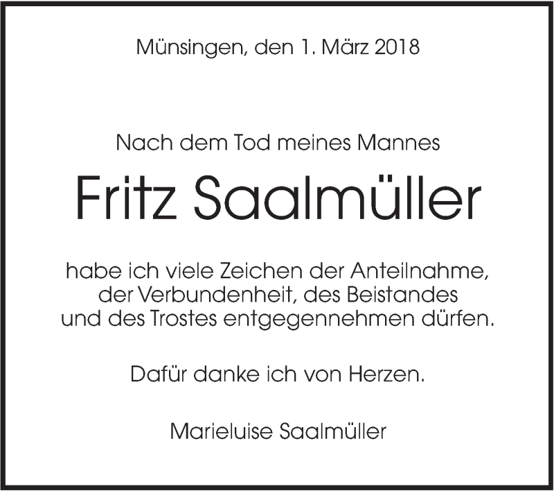  Traueranzeige für Fritz Saalmüller vom 01.03.2018 aus Alb-Bote/Metzinger-Uracher Volksblatt