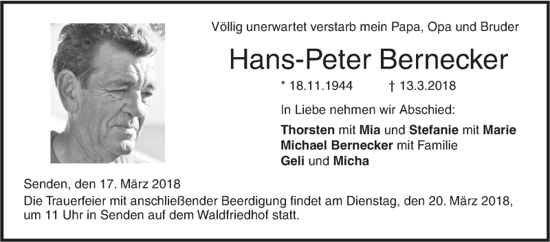  Traueranzeige für Hans-Peter Bernecker vom 17.03.2018 aus SÜDWEST PRESSE Ausgabe Ulm/Neu-Ulm