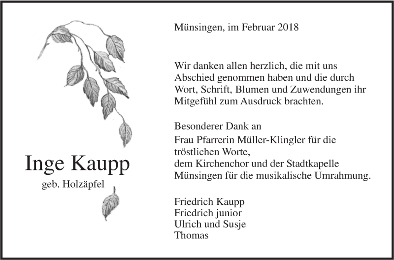  Traueranzeige für Inge Kaupp vom 02.03.2018 aus Alb-Bote/Metzinger-Uracher Volksblatt