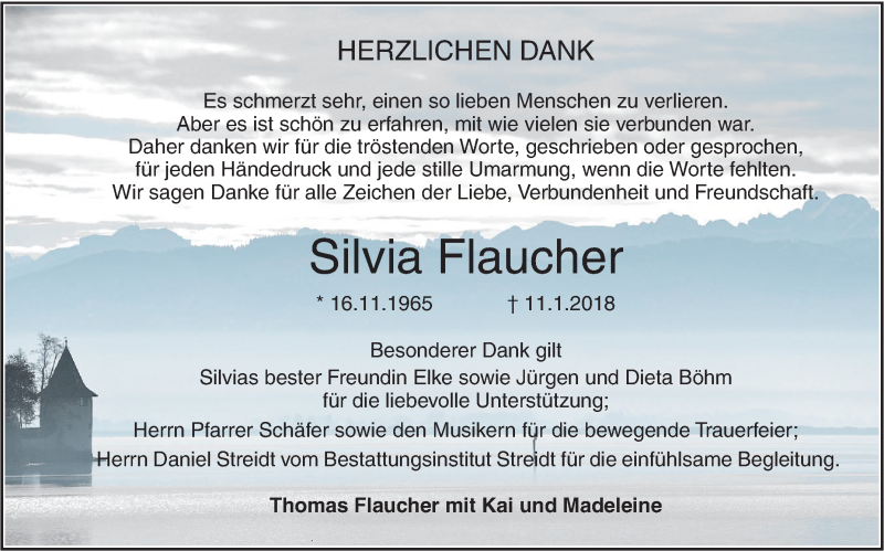  Traueranzeige für Silvia Flaucher vom 10.03.2018 aus SÜDWEST PRESSE Ausgabe Ulm/Neu-Ulm