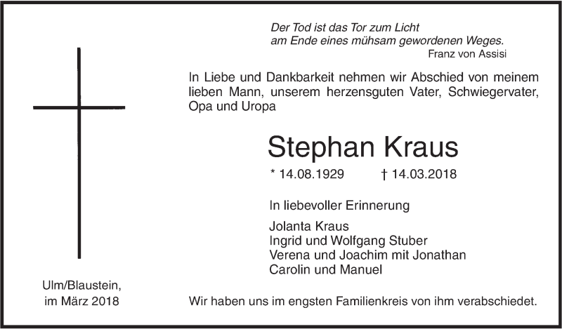  Traueranzeige für Stephan Kraus vom 20.03.2018 aus SÜDWEST PRESSE Ausgabe Ulm/Neu-Ulm
