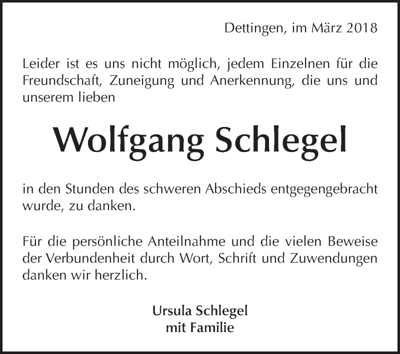  Traueranzeige für Wolfgang Schlegel vom 03.03.2018 aus Metzinger-Uracher Volksblatt