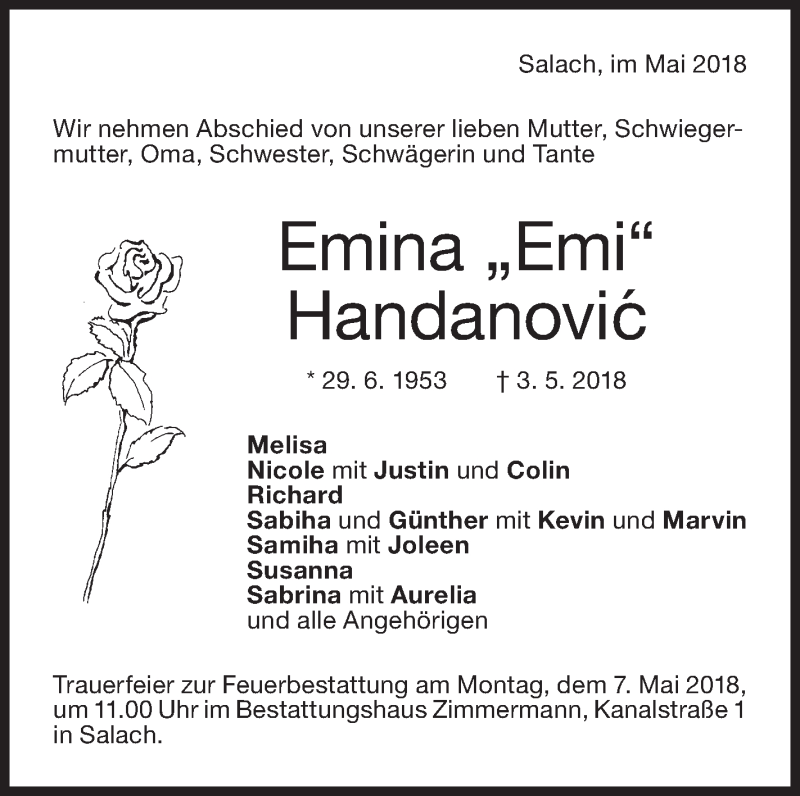  Traueranzeige für Emina Handanovic vom 05.05.2018 aus NWZ Neue Württembergische Zeitung