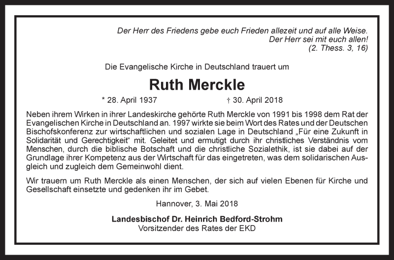  Traueranzeige für Ruth Merckle vom 05.05.2018 aus SÜDWEST PRESSE Ausgabe Ulm/Neu-Ulm