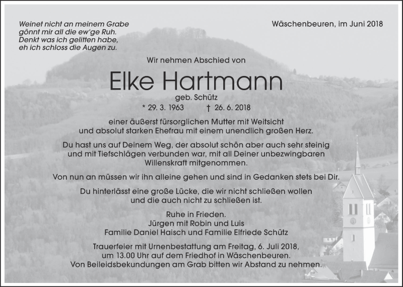  Traueranzeige für Elke Hartmann vom 30.06.2018 aus NWZ Neue Württembergische Zeitung