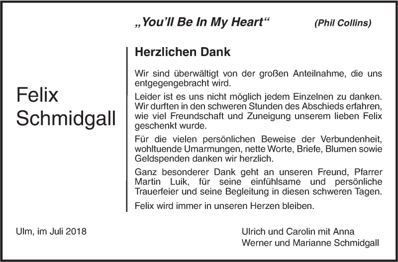  Traueranzeige für Felix Schmidgall vom 21.07.2018 aus SÜDWEST PRESSE Ausgabe Ulm/Neu-Ulm