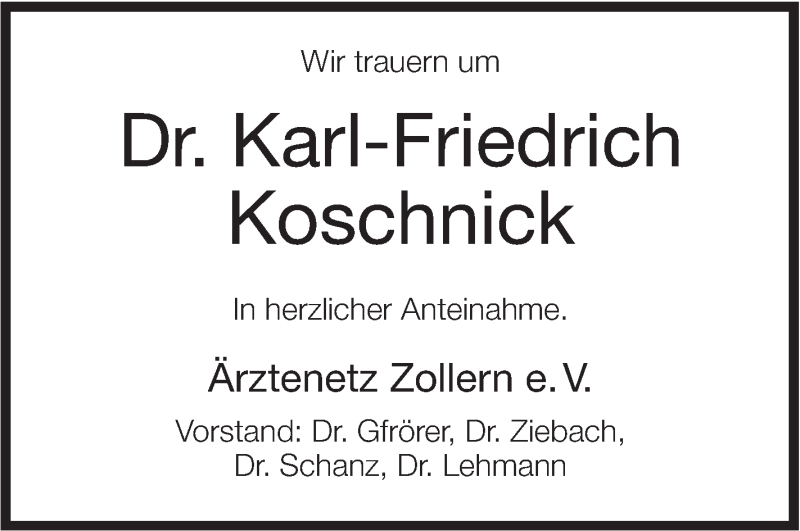  Traueranzeige für Karl-Friedrich Koschnick vom 06.07.2018 aus Hohenzollerische Zeitung